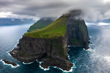 Aerial view of Kalsoy island at sunset. Faroe islands, Denmark