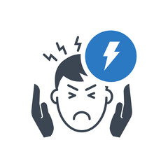 Headache related vector glyph icon. Head of man with headache in his hands at the temples. Headache sign. Isolated on white background. Editable vector illustration