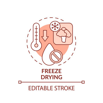 Freeze drying red concept icon. Low temperature dehydration. Food technology abstract idea thin line illustration. Isolated outline drawing. Editable stroke. Arial, Myriad Pro-Bold fonts used