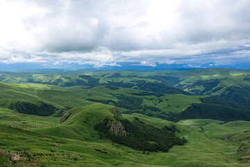 View of the mountains and the Bermamyt plateau in the Karachay-Cherkess Republic, Russia.