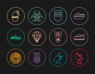 Set line Radar, Military tank, Chevron, Parachute, Submarine, Hand grenade, Biohazard bomb and symbol icon. Vector
