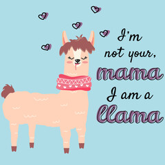 Funny modern style. Animal. Lama. Alpaca. Hand draw. Sweet inscription. Blue background. Vector Stock illustration. Place for an inscription. Сhildren's print