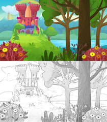 Fototapeta premium cartoon scene with nature forest and castle illustration