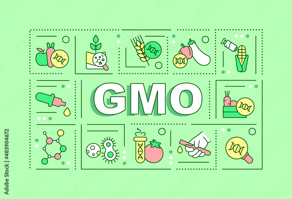 Poster gmo word concepts green banner. genetically modified organism. infographics with icons on color back