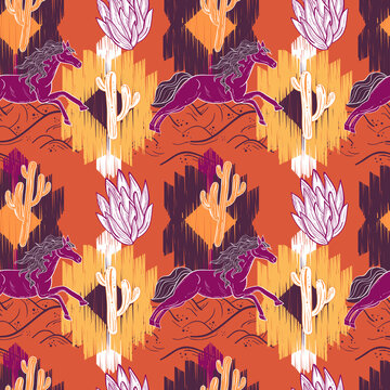 Trendy western background. Bohemian seamless pattern with horses and ikat ogee texture and desert.