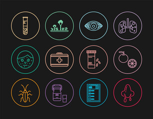 Set line Runny nose, Orange fruit, Reddish eye allergic conjunctivitis, First aid kit, Face with psoriasis or eczema, Test tube and flask, Medicine bottle pills and Mold icon. Vector