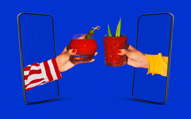 Contemporary art collage of two hands sticking out phone screen and clinking cocktail glasses isolated over blue neon background.