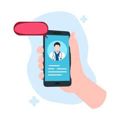 Fototapeta na wymiar mobile application for communication with a doctor, online medical consultation, hand holding a phone, on-screen chat with a medical worker, flat isolated vector design