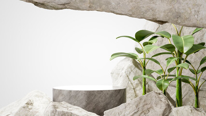 stone podium with banana tree on summer concept for product display.