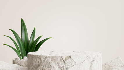 stone podium with tropical plant on summer concept for product display. - obrazy, fototapety, plakaty