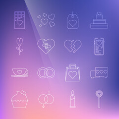 Set line Lollipop, Like and heart, Mobile with, Heart tag, Healed broken, Flower rose, Chocolate bar and Broken icon. Vector