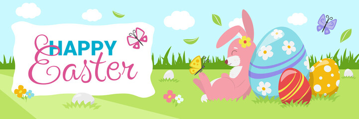 Easter banner with cute sleeping bunny with colorful painted eggs in spring meadow with flowers and butterflies. Cartoon spring scene with Happy Easter Day text. Flat design illustration