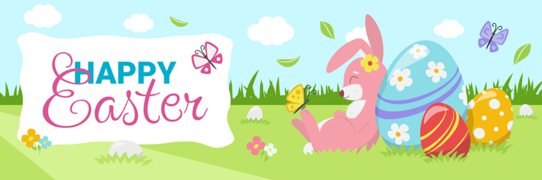 Easter banner with cute sleeping bunny with colorful painted eggs in spring meadow with flowers and butterflies. Cartoon spring scene with Happy Easter Day text. Flat design illustration