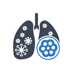 Pneumonia related vector glyph icon. Lungs with alveoli and coronavirus. Pneumonia sign. Isolated on white background. Editable vector illustration