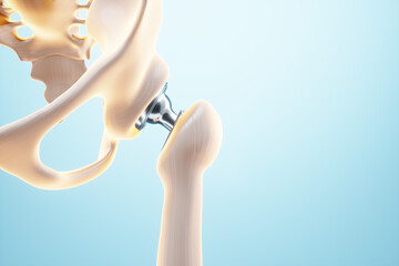 Medical poster image of a hip implant. artificial joint, Arthritis, inflammation, fracture, cartilage. 3D illustration, 3D render.