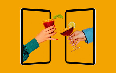 Contemporary art collage of two hands sticking out phone screen and clinking cocktail glasses...