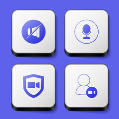Set Mute microphone, Microphone, Video chat conference and icon. White square button. Vector