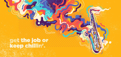 Abstract background design with saxophone and colorful splashing shapes. Vector illustration.	

