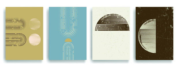 Poster with moon and sunset in Boho style. Grunge textured geometric shapes  .Minimal design with grange elements . Trendy brochure . Vector illustration .