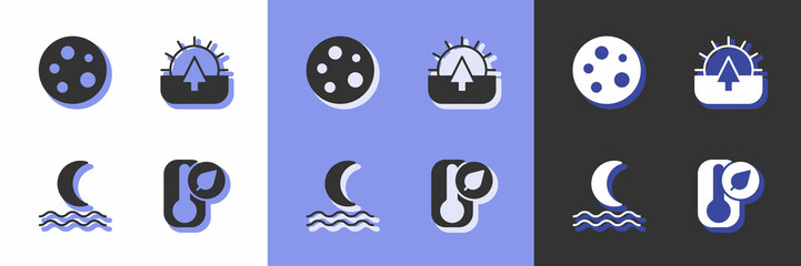 Set Thermometer, Moon, Night fog or smoke and Sunrise icon. Vector