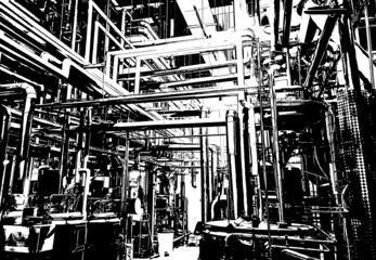 Fototapeta premium Black and white illustration - a large number of pipes and various communications on a white background
