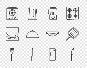 Set line Fork, Knife, Blender, sharpener, Electric stove, Covered with tray, Refrigerator and Frying pan icon. Vector