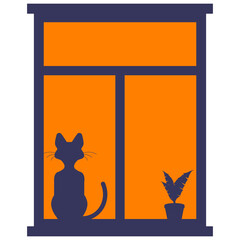 Silhouette of a cat in the window. Vector illustration.