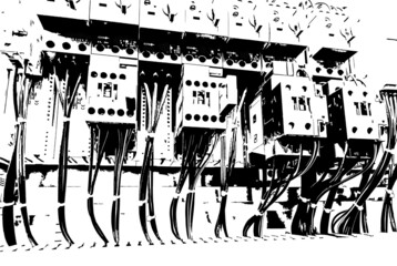 Black and white illustration - electrical cabinet with fuses and switches on a white background