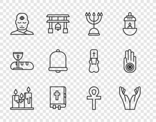 Set line Burning candles, Hands praying position, Hanukkah menorah, Holy bible book, Man with third eye, Church bell, Cross ankh and Jainism Jain Dharma icon. Vector
