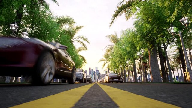 An animation of vehicles leaving a modern cosmopolitan city at rush hour as the sun sets over the skyscrapers in the background. 