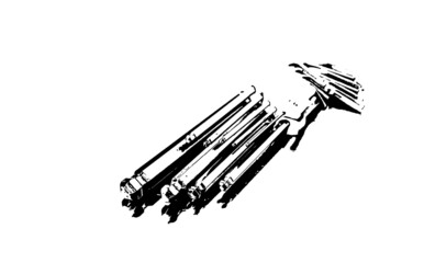 Black and white illustration - a set of hexagon keys on a white background