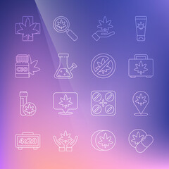 Set line Herbal ecstasy tablets, Location and marijuana, Shopping box of, Marijuana or cannabis leaf, Glass bong for smoking, Medical bottle with, and Stop icon. Vector