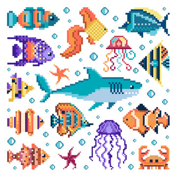 Pixel Art Fishes and Sea Animals Set