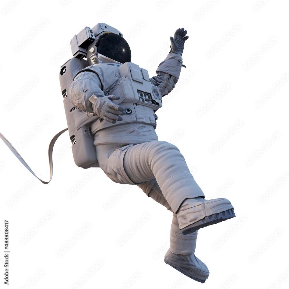 Wall mural astronaut with safety tether flying in outer space, isolated on white background