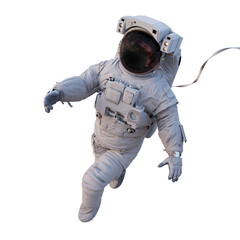 astronaut with safety cable flying in outer space, isolated on white background
