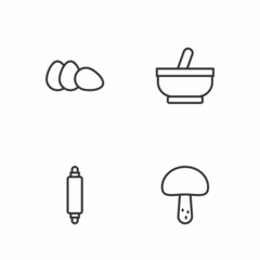 Fototapeta premium Set line Mushroom, Rolling pin, Chicken egg and Mortar and pestle icon. Vector