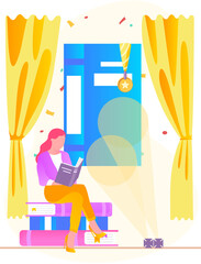 Young woman reading book, studying at home, book lovers hobby. Student resting with book, female character is fond of literature, enjoys reading, gets education