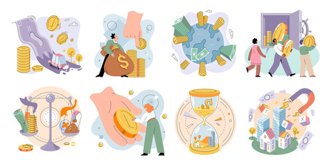 Public finance and audit. Banknotes, coins, safe and pension investment financial solutions passive income. Government finance, public money management. Idea of money increase and finance growth