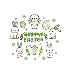 Happy easter card with eggs, cute bunnies and flowers