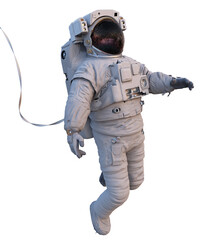 astronaut with safety tether in outer space, isolated on white background © dottedyeti