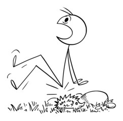 Person in Nature Sitting on Hedgehog by Mistake , Vector Cartoon Stick Figure Illustration