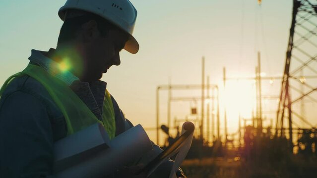 Industry energy business concept. Silhouette electrical engineer a working near tower with electricity at sunset time. Electrical worker inspect voltage electricity pylon. Power generation industry.