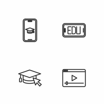 Set line Online play video, Graduation cap with cursor, mobile and education icon. Vector