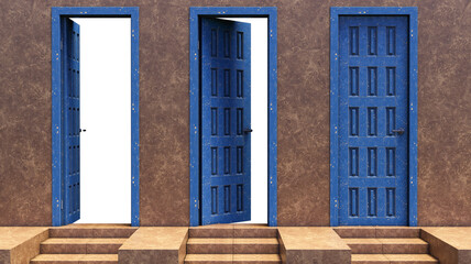 Fototapeta na wymiar Blue Doors set. Front view opened and closed door. 3d render