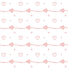 Romantic seamless pattern with a heart. Happy Valentine s Day. Red outline hearts and dots on a white background.