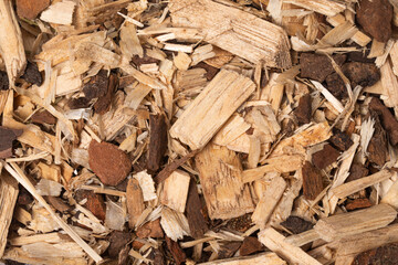 Full frame top view macro shot of wood chips
