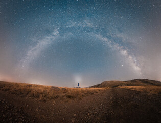 man under milky way at the mountain