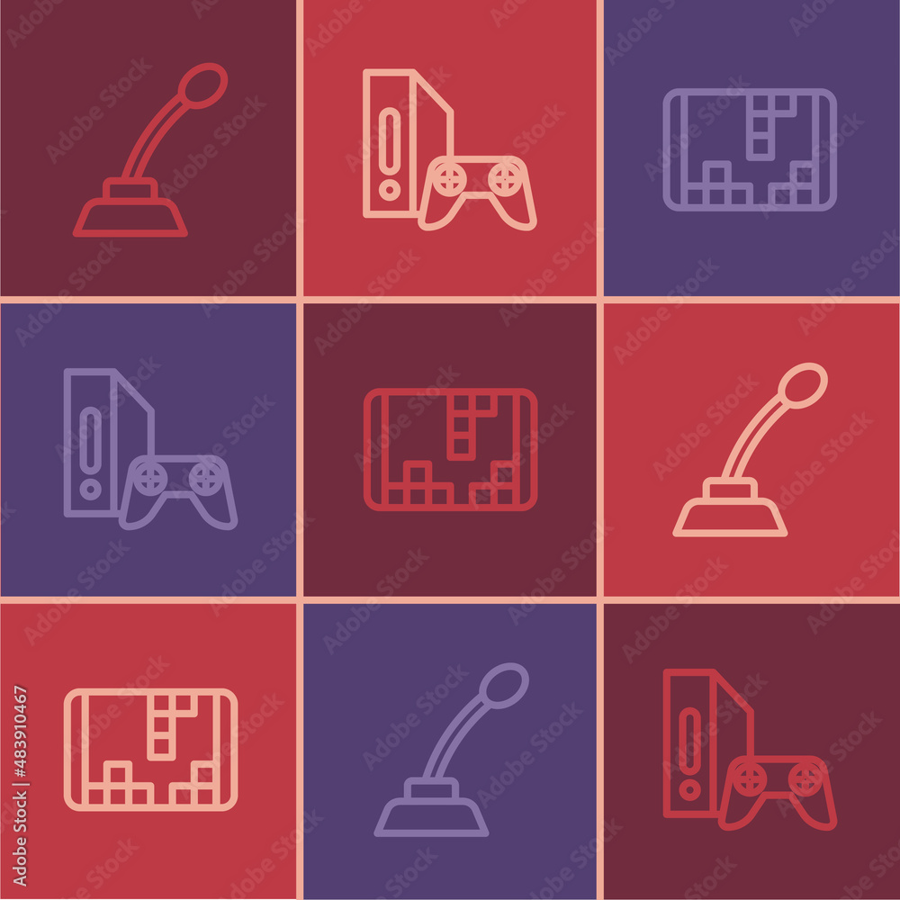 Poster set line microphone, portable video game console and game with joystick icon. vector
