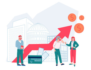 Income increase and company growth financial strategy. Return on investment and fund raising, revenue and interest rate growth, cartoon flat vector illustration isolated on white.