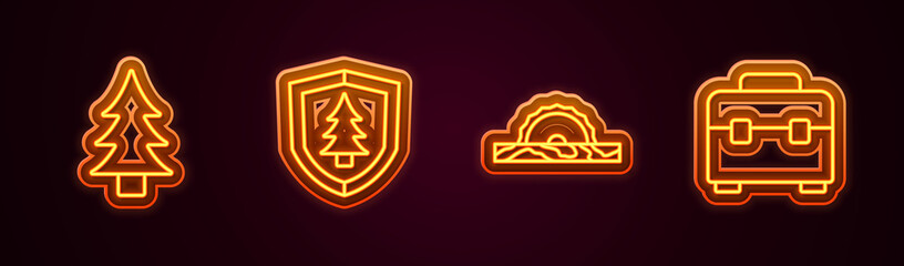 Set line Tree, Shield with tree, Electric circular saw and Toolbox. Glowing neon icon. Vector